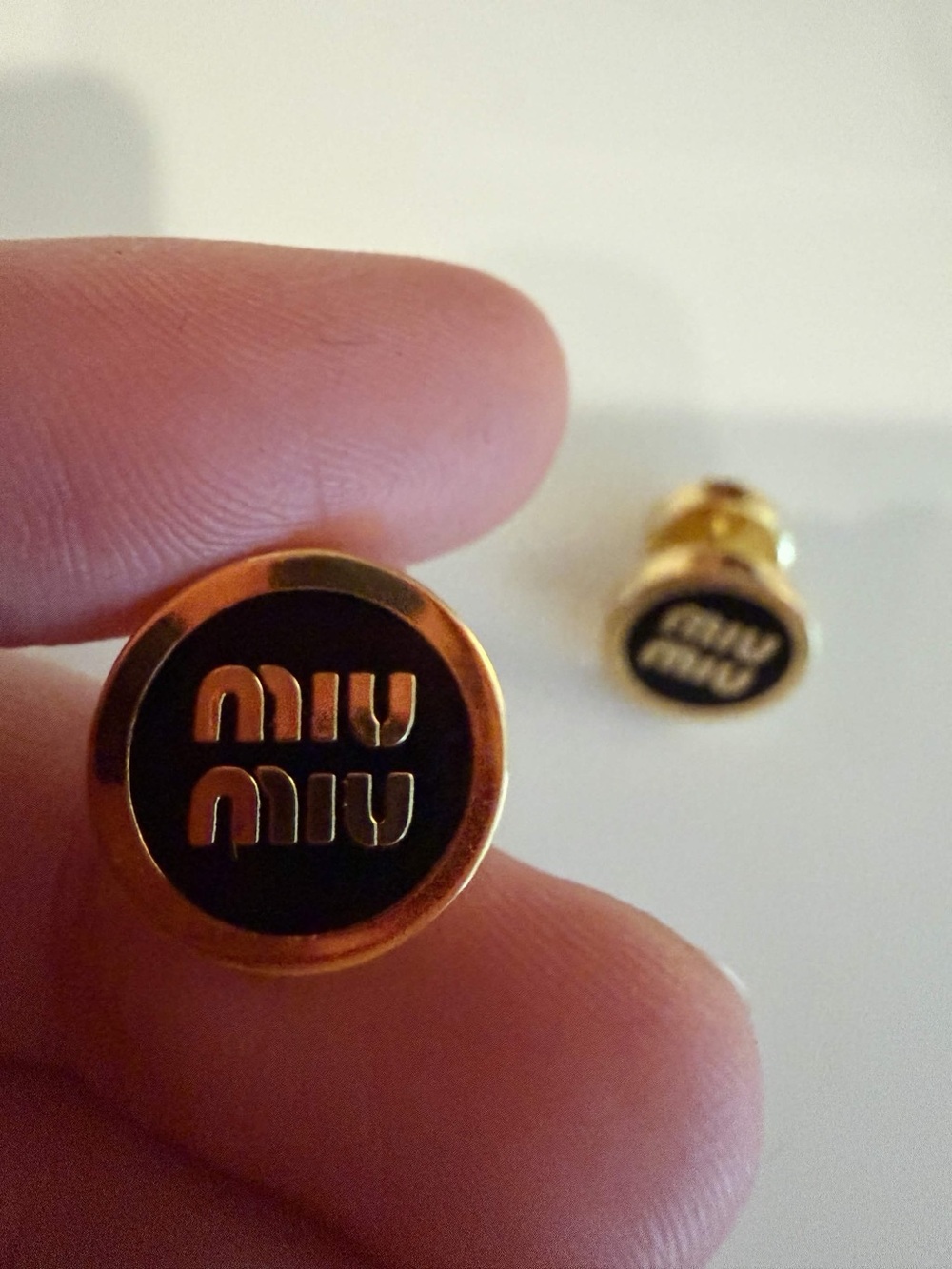 Miu Miu Gold and Black Logo Stud Earrings